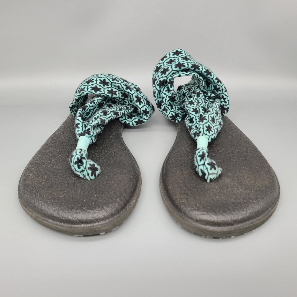 Sanuk Yoga Sling Sandals Womens Teal Flower Flip Flops Size 9